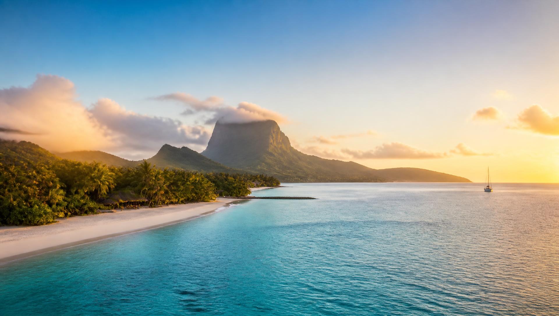 Aerial view of a pristine tropical beach at golden hour